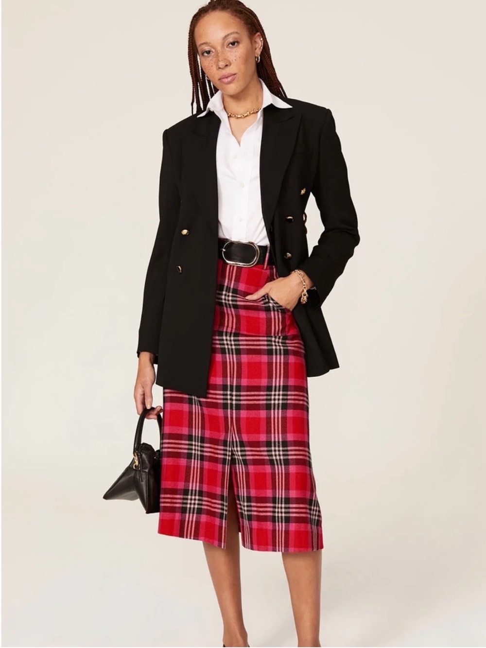 Pink Plaid Maxi Skirt with Belt